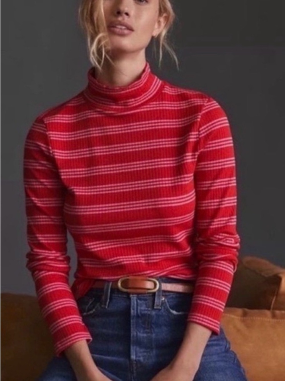 Maeve by Anthropologie Red & Pink Striped Ribbed Turtleneck Sweater XL